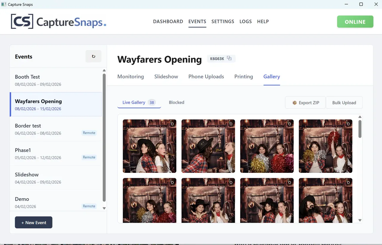 Capture Snaps event management dashboard