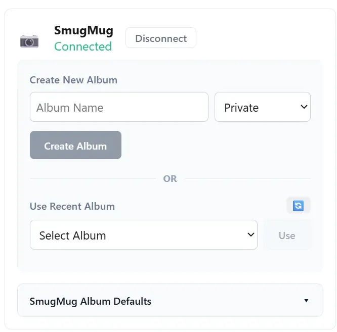 SmugMug destination settings for creating or selecting an event album