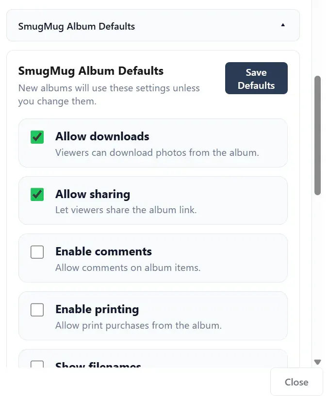 SmugMug album defaults for downloads, sharing, comments and printing