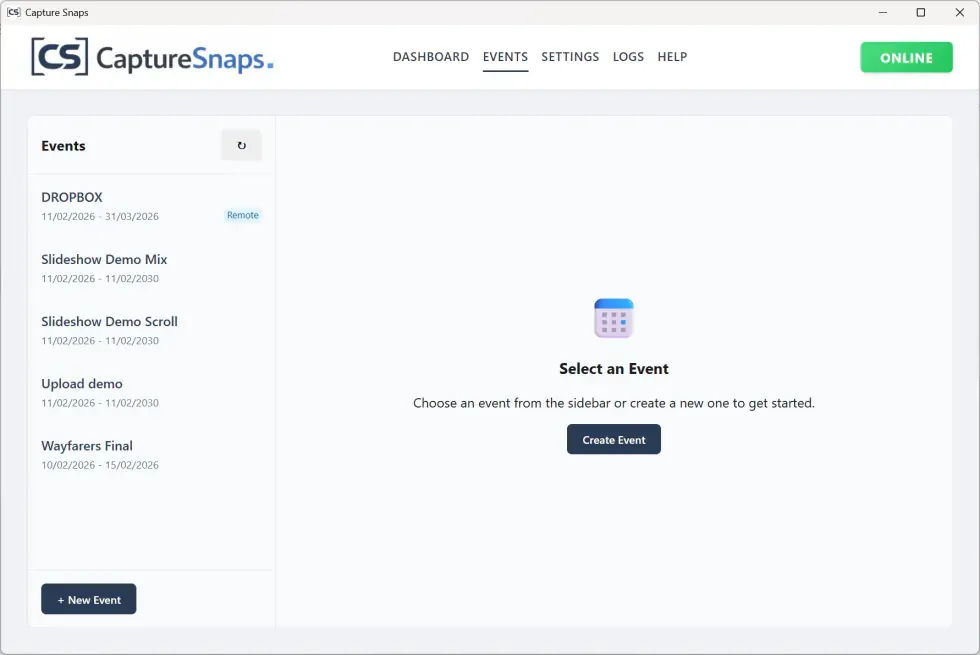 Capture Snaps events screen with the Create Event button