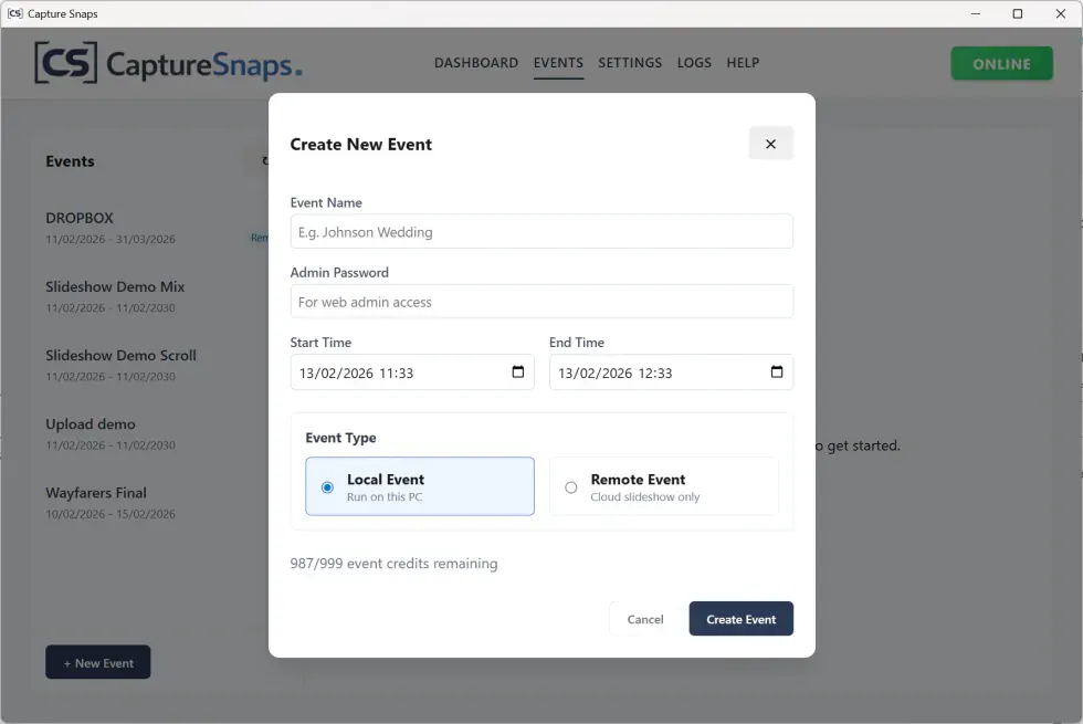 Create New Event dialog with fields for the event name, date and event type