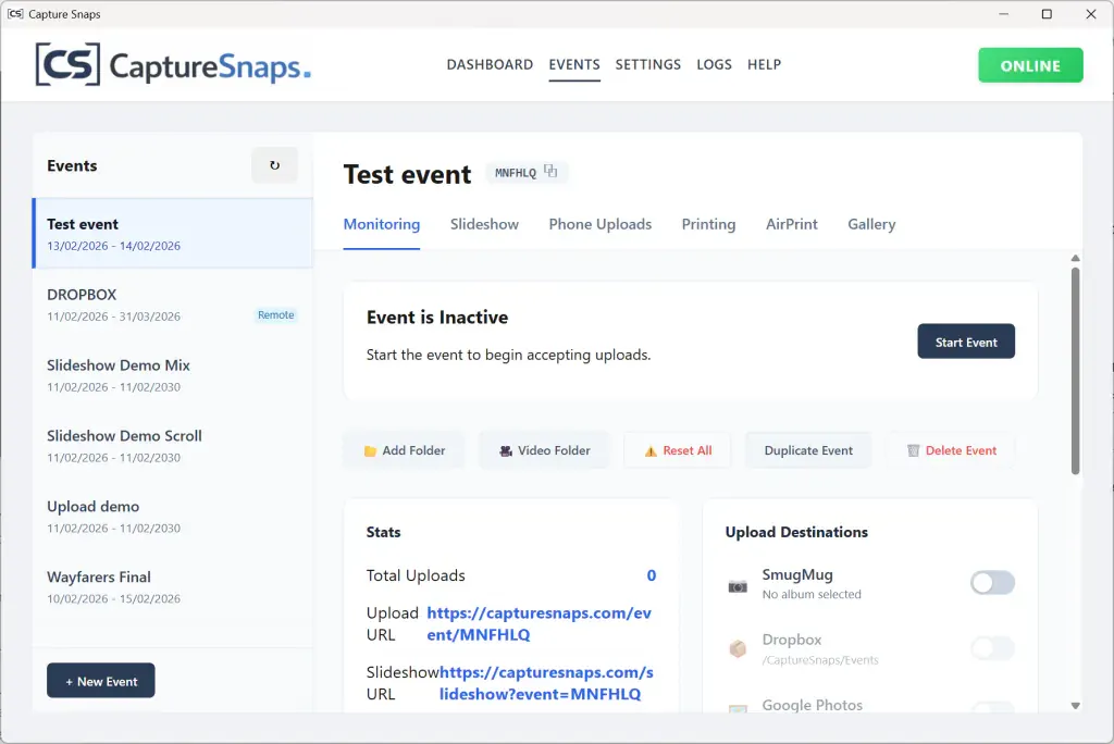 Capture Snaps event overview showing the event status, guest link and upload destinations
