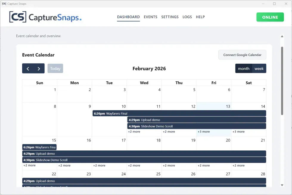 Capture Snaps dashboard calendar showing scheduled events