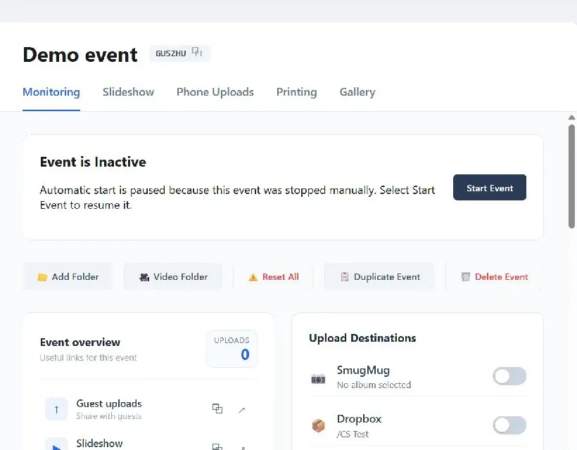 Inactive event with automatic start paused and event management controls