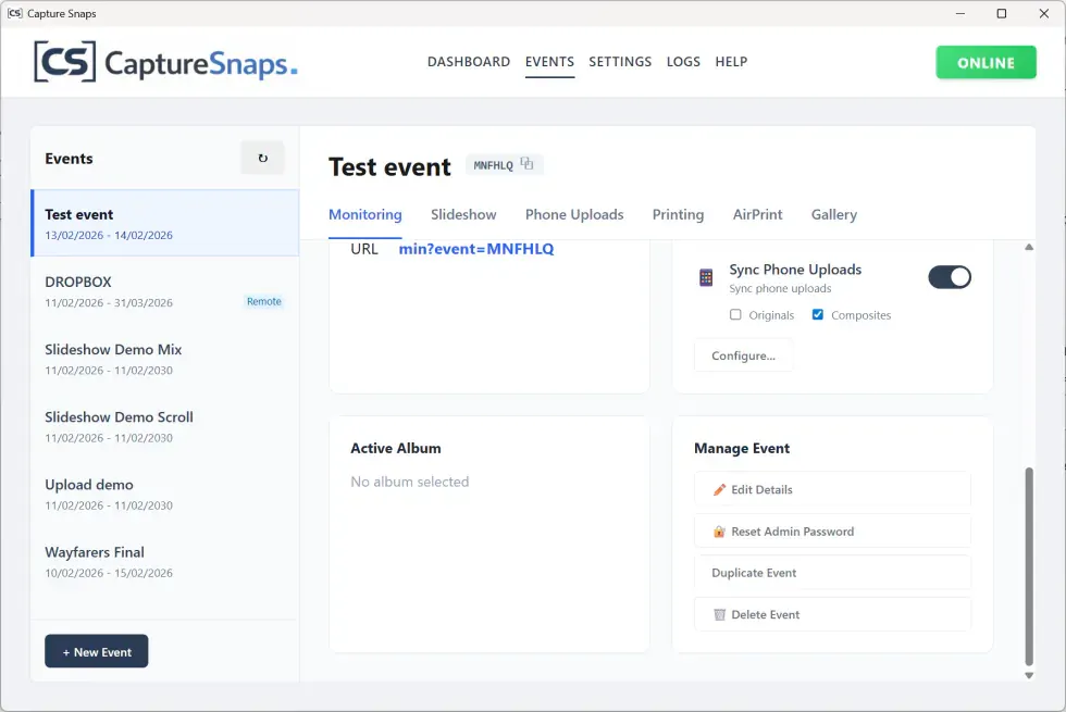 Capture Snaps event management screen with actions for editing and managing an event