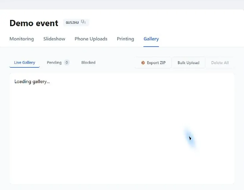 Live, pending and blocked gallery tabs with export and bulk upload controls