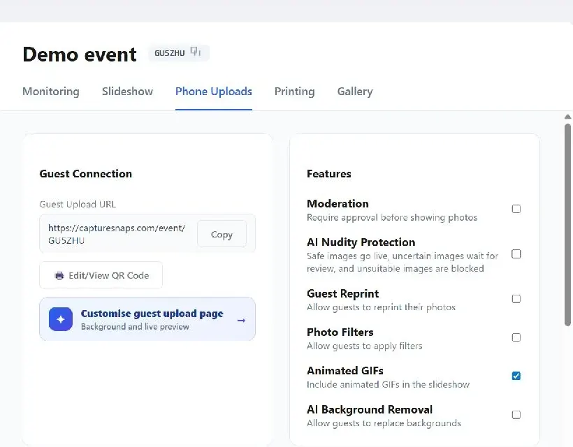 Guest upload connection and feature settings in Capture Snaps