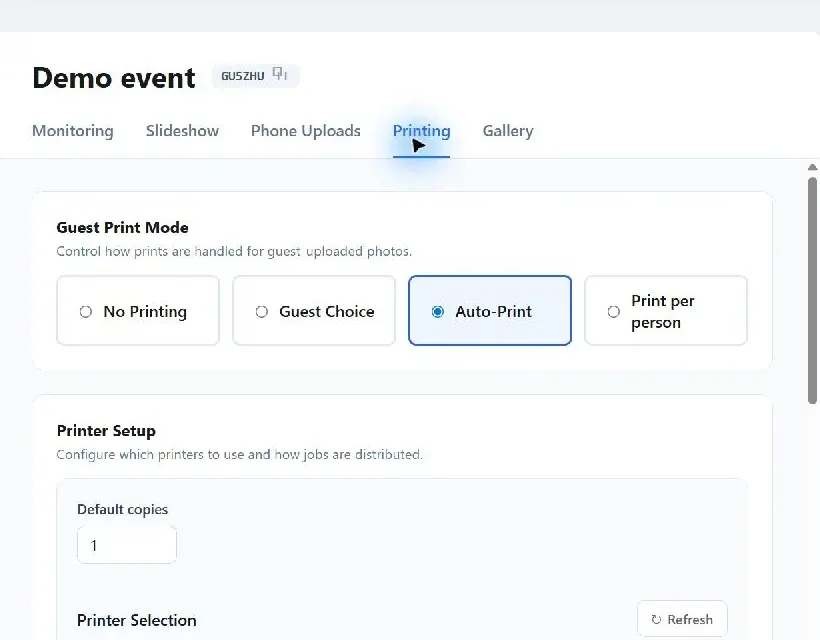Guest print modes and printer setup in Capture Snaps