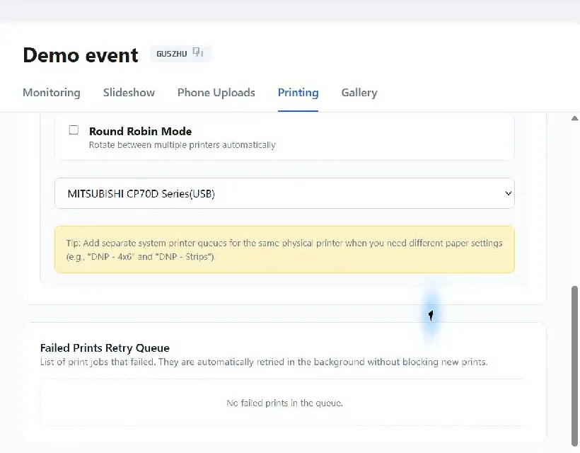 Printer selection and print queue controls in Capture Snaps