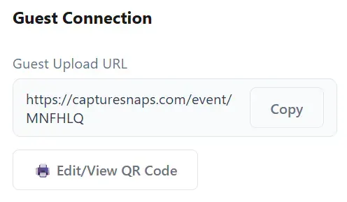 Guest Connection panel with the event upload URL and Edit or View QR Code button