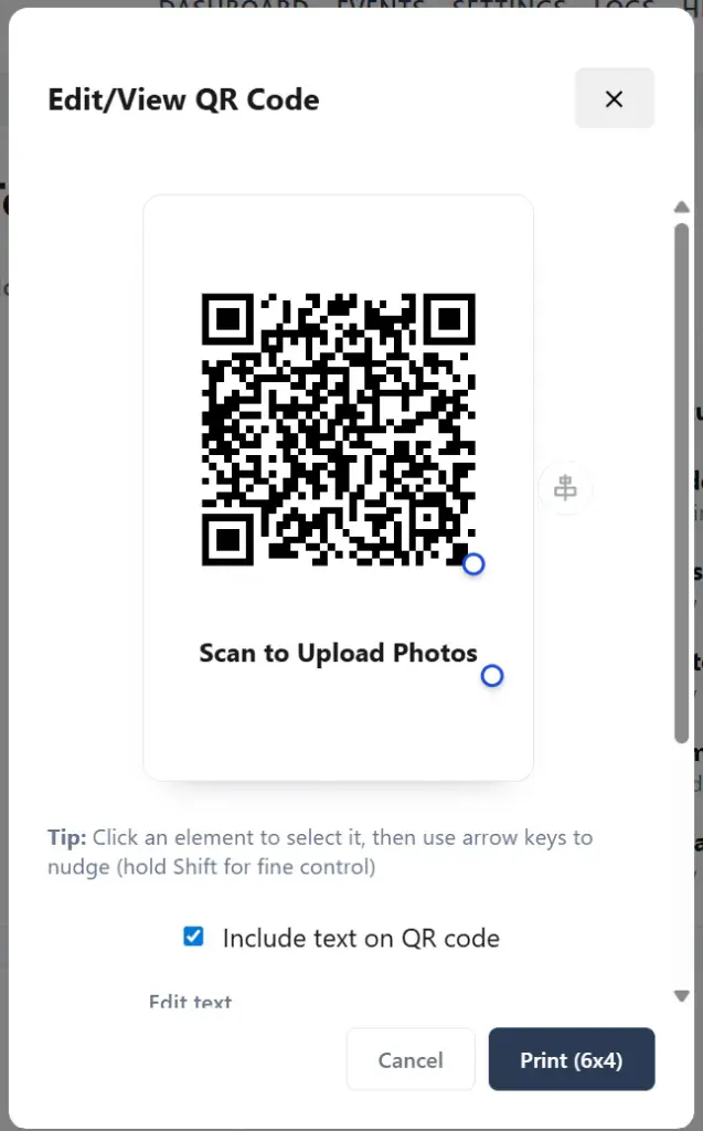 Capture Snaps QR code editor preview with the event upload code