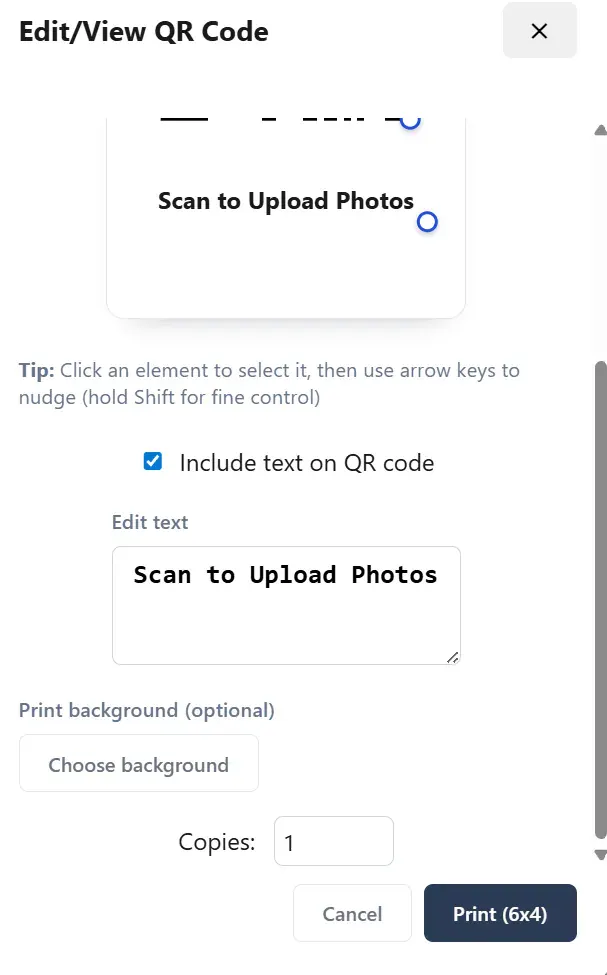 QR code editor options for headings, instructions, scan behaviour and background