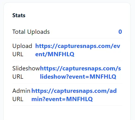 Capture Snaps live statistics panel showing total uploads and guest, slideshow and admin links