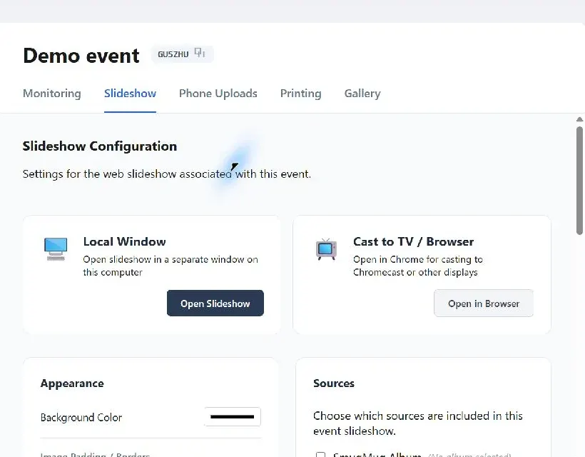 Slideshow launch, appearance and source controls in Capture Snaps