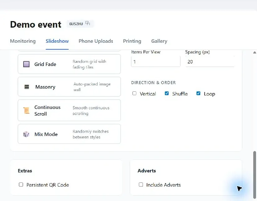 Slideshow layout, timing, QR code and advert controls in Capture Snaps