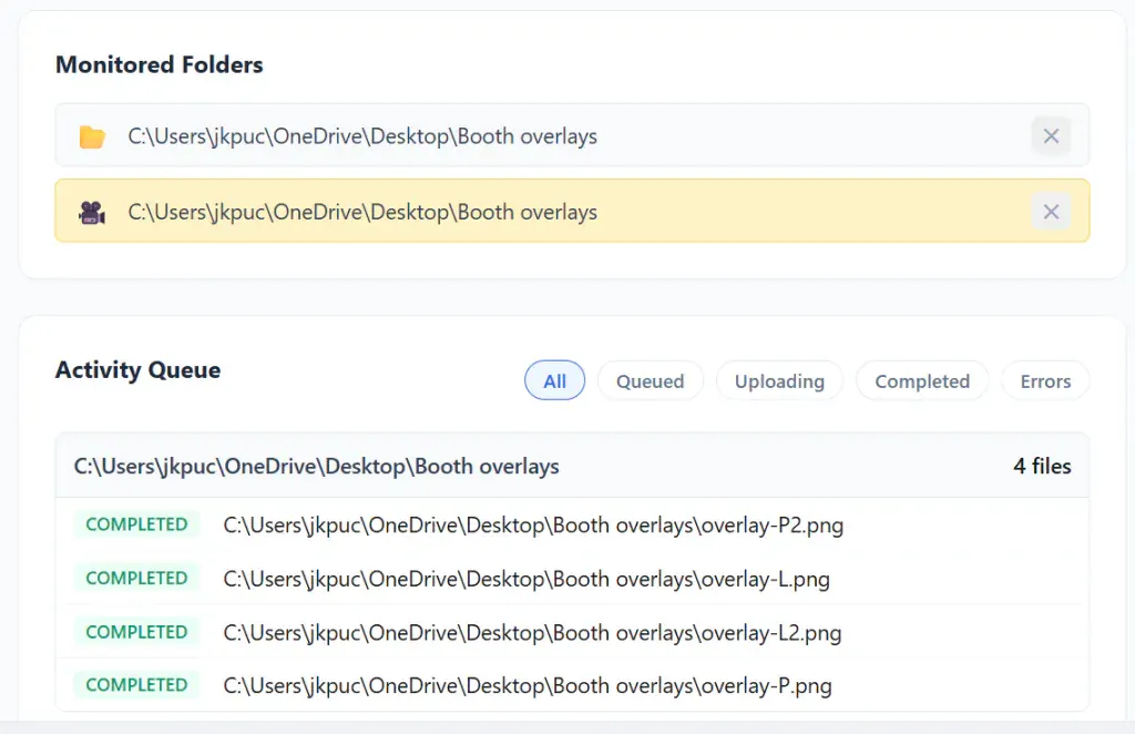 Capture Snaps monitored folders and activity queue showing successfully processed booth images