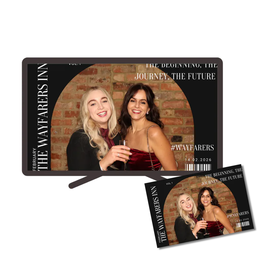Branded guest photo displayed on an event screen and printed as a keepsake