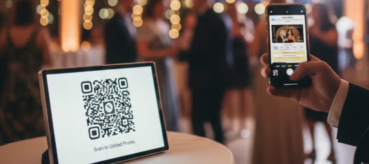 Guest scanning a Capture Snaps QR code to upload an event photo from a phone