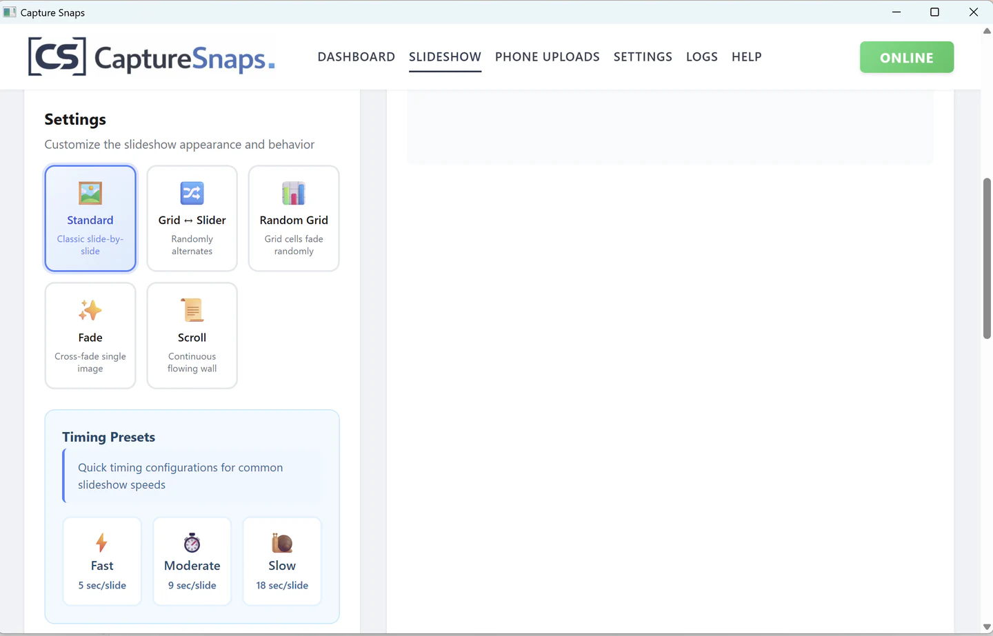 Capture Snaps slideshow style and timing controls