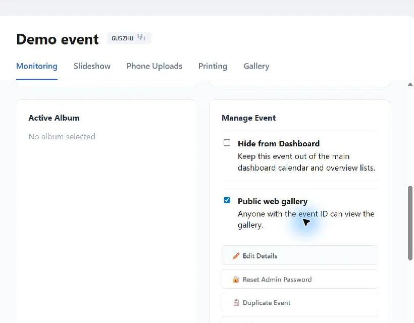 Capture Snaps public web gallery and client delivery controls
