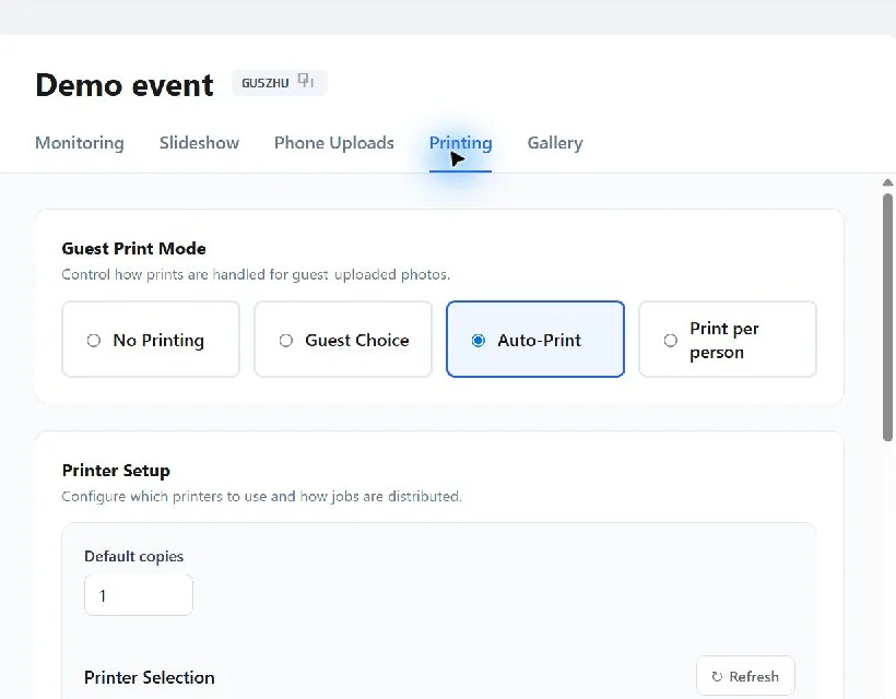 Capture Snaps guest print modes and printer configuration